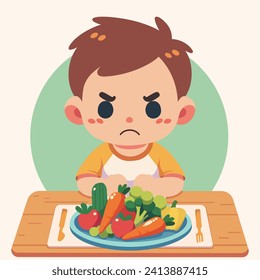 Picky eater concept vector image. Sad unhappy child doesn't want to eat his  meal