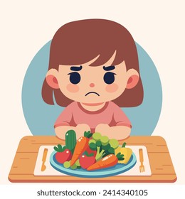 Picky eater concept vector image. Sad unhappy girl doesn't want to eat her  meal