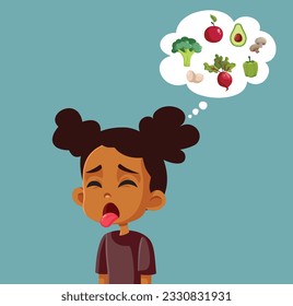 
Picky Eater Disliking Healthy Vegetables and Fruits Vector Cartoon Illustration. Stressed toddler not wanting to eat fresh, organic and healthy foods
