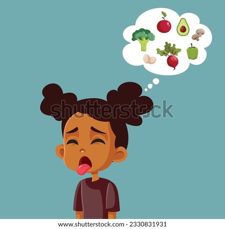 
Picky Eater Disliking Healthy Vegetables and Fruits Vector Cartoon Illustration. Stressed toddler not wanting to eat fresh, organic and healthy foods
