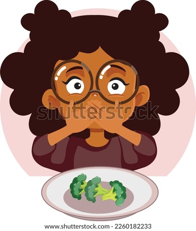 
Picky Eater Hating Broccoli Covering her Mouth Vector Cartoon Illustration. Unhappy little girl refusing to have fresh nutritious vegetables 
