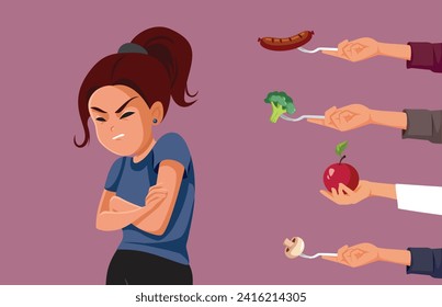 
Picky Eating Teen Girl Refusing to Eat Vector Illustration. Teenager suffering, from avoidant restrictive food intake disorder 
