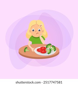 Chica quisquillosa que rechaza la comida saludable. Ilustración vectorial de dibujos animados. Niño sentado en la mesa y rechazando comer verduras. Comida, salud, dieta, concepto de capricho para el Anuncio y el Diseño web