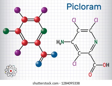 Picloram molecule. Sheet of paper in a cage. Structural chemical formula and molecule model. Vector illustration