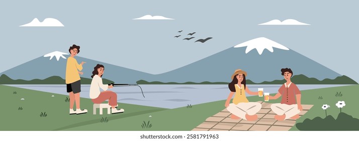 Picnic activity. Couple fishing. Couple drinking. Picnic around the lake. Mountain and lake scenery. Picnic on the hill. Spring season. Summer time.