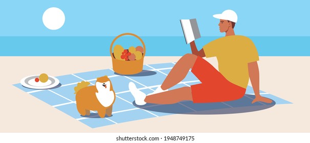 A picnic alone. Flat vector stock illustration. Picnic with a dog in nature. A vegan man eats by the sea, the river. Vegan picnic food. Lunch alone on the beach. Vector graphics