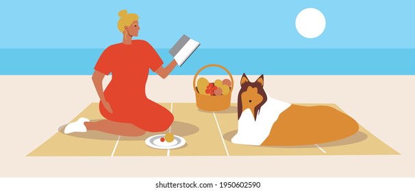 A picnic alone. Flat vector stock illustration. Picnic with a dog, sea view. The woman is resting with the dog. Reading a book on the beach. Walking the dog. Summer time. Vector graphics