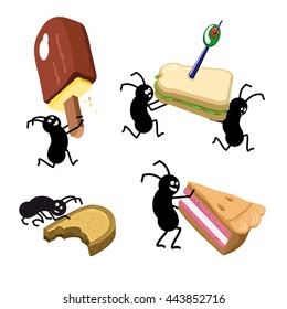Picnic ants carry away food like chocolate ice lolly, sandwich with olive, slice of bread and piece of strawberry cream cake
