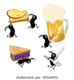 Picnic ants carry food like toast with sliced cheese, glass of beer, blueberry cake and cutlery