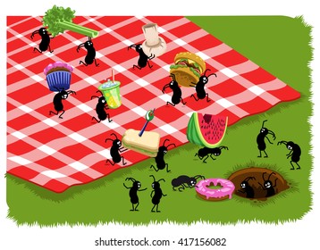 Picnic ants carry food like hamburger, sandwich, melon, donut, muffin and celery from a checkered blanket on a meadow