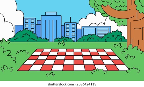 Picnic area in a park setting with a checkered blanket representing outdoor fun and community in cartoon hand drawn illustration