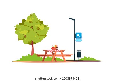 Picnic Area Semi Flat RGB Color Vector Illustration. Picnic Table With Food And Bench. Outing And Dining. Summer Recreation Area With No People. Isolated Cartoon Objects On White Background