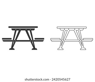 Área de picnic, icono de línea de mesa de picnic establecido en glifo plano negro, estilo relleno aislado en fondo blanco