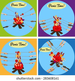 Picnic around the campfire. Roasting vegetables. Vector drawing