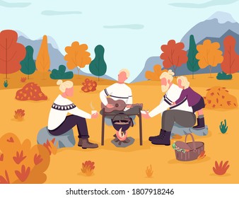 Picnic en el campo de otoño, ilustración semi plana vectorial. Cae en el bosque. Vacaciones en un bosque de temporada. Cocina en la olla, recreación de guitarra. Personajes de dibujos animados 2D para uso comercial