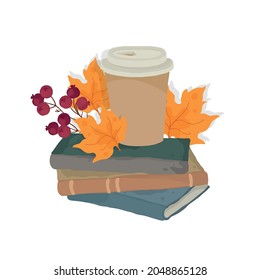 Picnic in the autumn garden. Takeaway coffee. Books. Yellow leaves. Autumn decorative design. Isolated vector colorful element on a white background. 