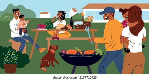 Picnic Backyard. Happy Neighbors With Kids Make Barbecue. BBQ Party. Smiling Friends Eat And Communicate. Cartoon People Cooking Meat On Grill. Garden Dinner. Garish Vector