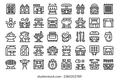 Picnic in the backyard icons set outline vector. Food grill summer. Party nature garden