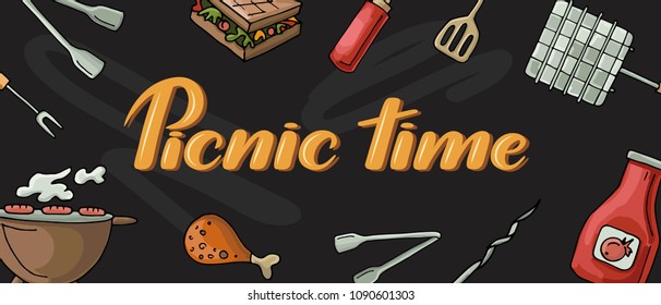 Picnic banner with sketched objects. Hand drawn barbecue elements around decorative  hand written text. Picnic time lettering. Restaurant poster vector illustration. Isolated on chalkboard background.