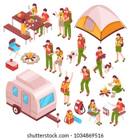 Picnic barbecue family summer vacations holidays camping isometric icons collection with people pets tent caravan vector illustration 