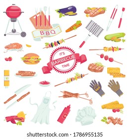 Picnic barbecue grill food set of barbeque meat accessories icons with steak grilled sausages, salmon, fork collection vector illustration. Cooking bbq, grillling outdoor isolated on white background.