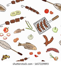 Picnic and barbecue items on a seamless background. Themed background for packaging, flyers, cards and branding.