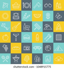 Picnic and barbecue modern flat web icons. Set of white outline symbols on square buttons for a summer outdoor recreation theme. Vector collection of line elements over colorful tile background.