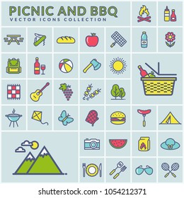 Picnic and barbecue modern web icons. Set of colorful outline symbols on square buttons for a summer outdoor recreation theme. Vector collection of colored line elements over tile background.