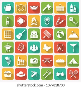 Picnic and barbecue modern web icons. Set of white symbols on multicolored square buttons for outdoor recreation theme. Flat elements with long shadows on colorful tile background. Vector collection.