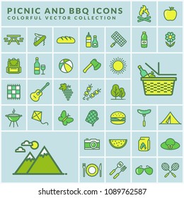 Picnic and barbecue modern web icons. Set of colored outline symbols on square buttons for outdoor recreation theme. Green, yellow and white line elements on blue tile background. Vector collection.