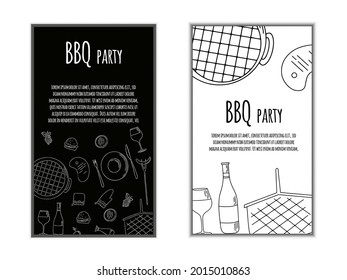 Picnic barbecue vertical banners with sketch objects. Hand drawn barbecue elements around decorative text. BBQ party. 