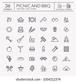 Picnic and barbecue web icon set. Black outline symbols for summer outdoor recreation theme. Vector collection of elements isolated on white background. Editable stroke - easy to adjust lines weight.