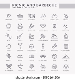 Picnic and barbecue web icons with inscriptions. Set of black outline symbols for summer outdoor recreation theme. Vector collection of line elements isolated on white background.
