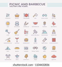 Picnic and barbecue web icons with inscriptions. Set of colored line symbols for outdoor recreation theme. Collection of stylish outline elements isolated on white background. Vector illustration.