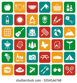 Picnic and barbecue web icons. Set of white symbols on multicolored square buttons for a summer outdoor recreation theme. Vector collection of flat elements over bright colorful background.