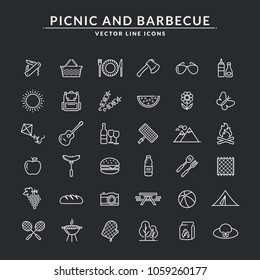 Picnic and barbecue web icons. Set of white outline symbols for a summer outdoor recreation theme. Vector collection of line elements isolated on black background.