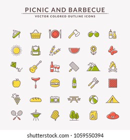 Picnic and barbecue web icons. Set of colored line symbols for a summer outdoor recreation theme. Collection of green, yellow and red outline elements isolated on white background. Vector illustration
