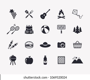 Picnic and barbecue web icons. Set of black symbols for a summer outdoor recreation theme. Vector collection of silhouette elements isolated on white background.