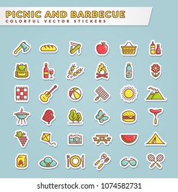 Picnic and barbecue web icons. Set of colorful stickers for summer outdoor recreation theme. Collection of colored outline symbols isolated on blue background. Vector illustration.