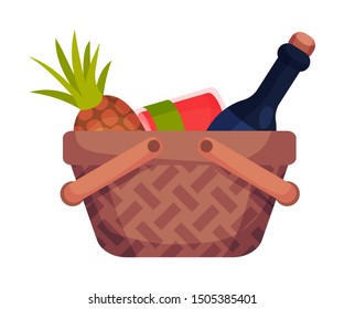 Picnic basket with anance and a bottle. Vector illustration on a white background.