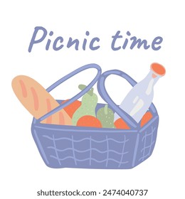 Picnic basket with baguette and bottle