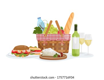 Picnic basket with baguette, wine, sandwich, cheese. Summer vector illustration