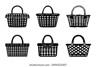 Picnic Basket black Silhouette Vector Set, Basket Clipart Silhouette bundle