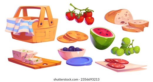 Picnic basket with blanket for park party cartoon set. Cloth in hamper for nature recreation and takeaway lunch food game object collection. Cutboard with cheese, tomato, watermelon and grape element