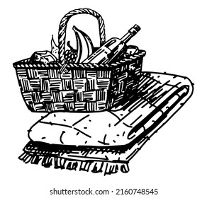 Picnic basket and blanket. Summer time leisure doodle clipart isolated on white. Hand drawn vector illustration in engraving style.