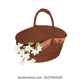 Picnic basket with blossom cherry, branches of bloom tree. Gift hamper with spring plants, elegant flowers. Cutted delicate wildflowers in box. Flat isolated vector illustration on white background