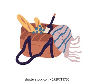 Picnic Basket With Bottle Of Wine, Food And Blanket. Hamper With Snacks, Grapes, Baguettes And Alcohol For Summer Lunch. Colored Flat Vector Illustration Isolated On White Background