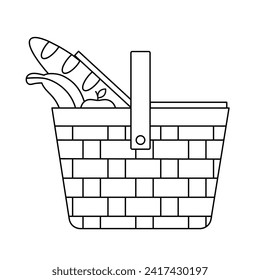Picnic basket with bread and fruit icon, black and white vector illustration.