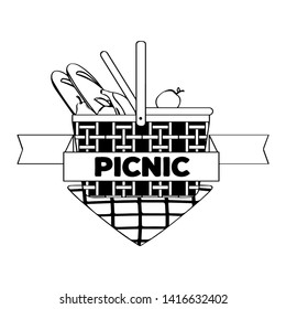 Picnic basket with bread and fruits - Outline Vector