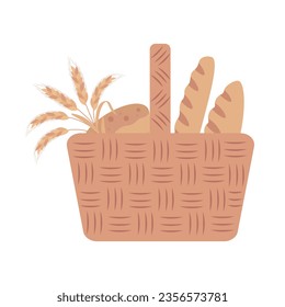 Picnic basket with bread, loaf, bunch of wheat. Vector illustration on white background.